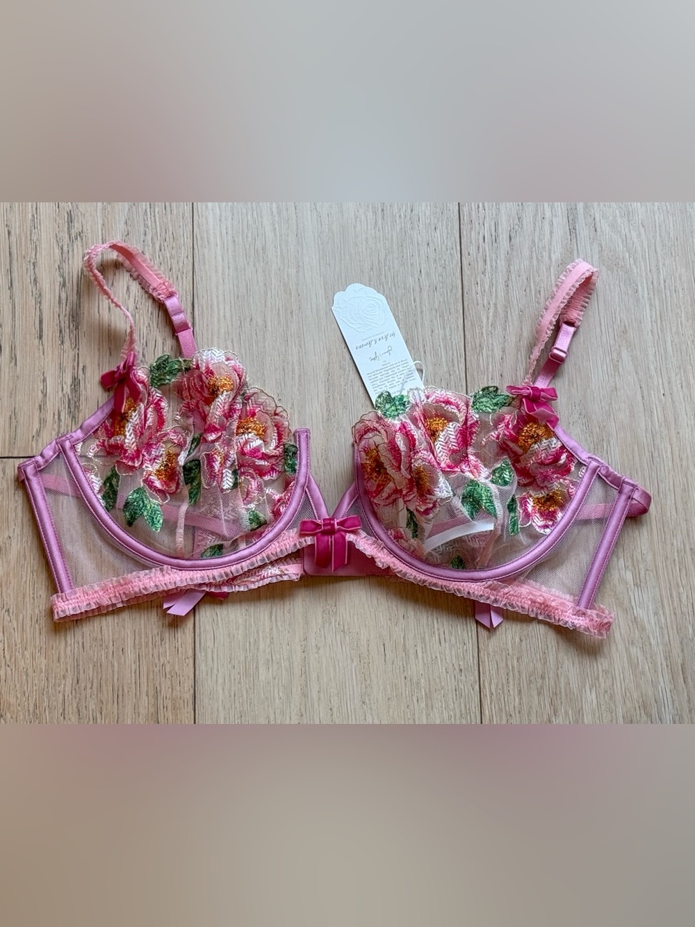 RARE For Love & Lemons Floral Embroidered Sheer Lace Underwire Bra Pink XL NWT - Picture 3 of 7